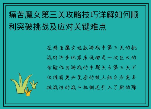痛苦魔女第三关攻略技巧详解如何顺利突破挑战及应对关键难点