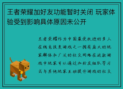 王者荣耀加好友功能暂时关闭 玩家体验受到影响具体原因未公开