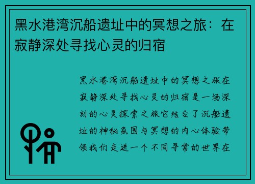 黑水港湾沉船遗址中的冥想之旅：在寂静深处寻找心灵的归宿